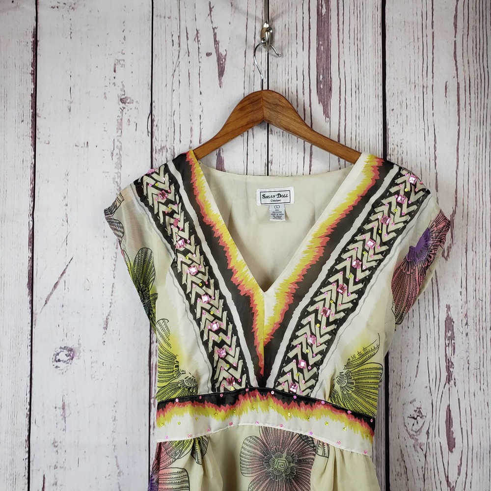 Sassy Doll Creations Vintage Dress Womens Size Large V Neck Sequins Sheer Beige